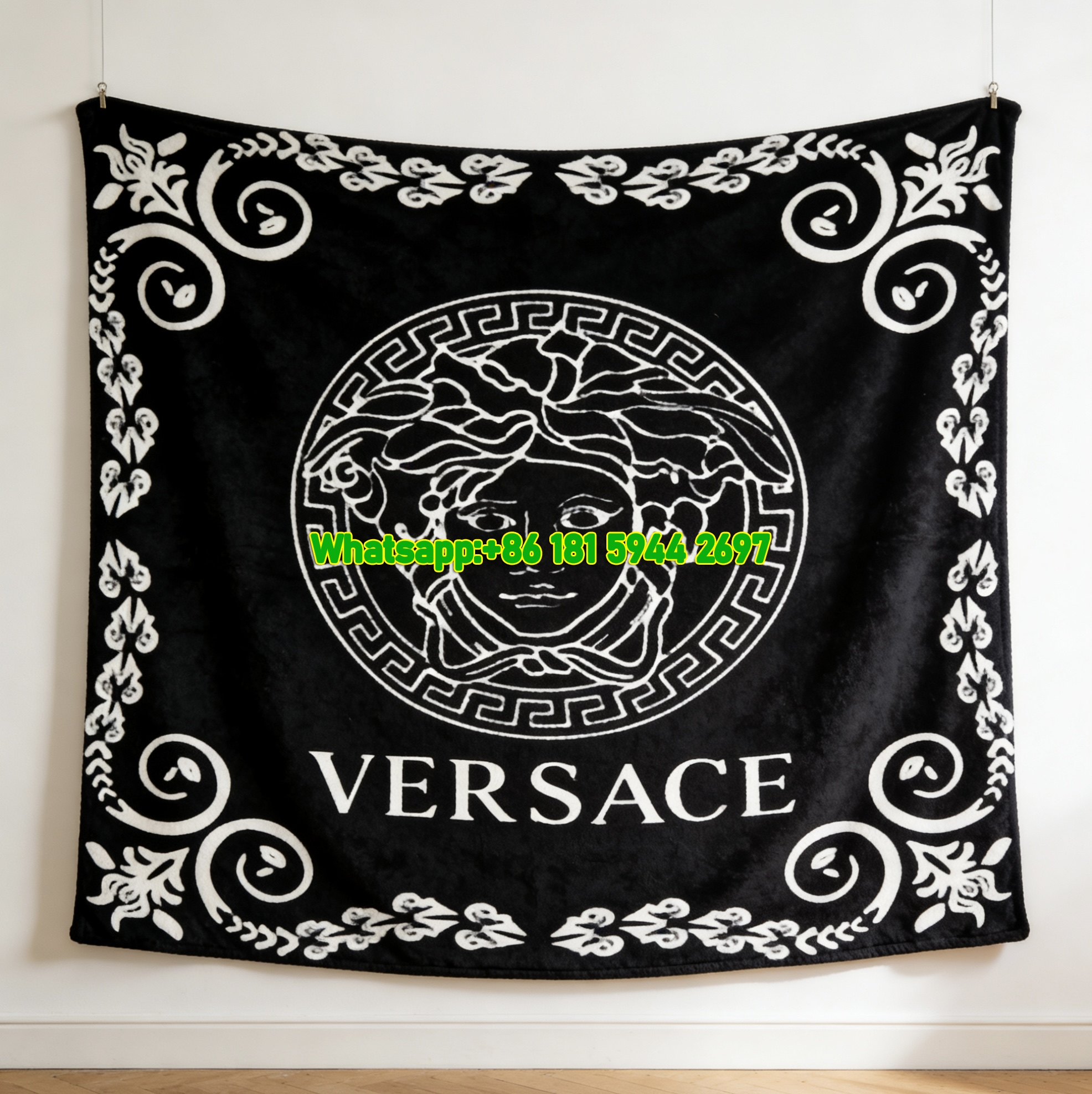 Versace Black White Medusa Greek Key Baroque Border Print Flannel Sofa Throw Blanket IMG_1311